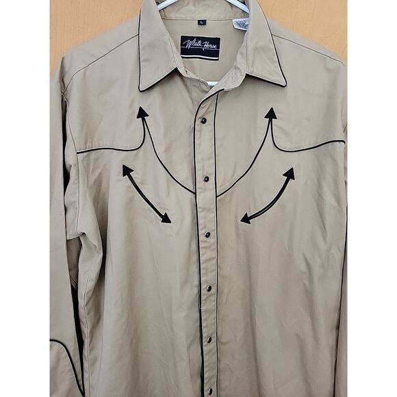 White Horse Men's Western Shirt Brown & Black Snaps Long Sleeve Arrow - Size L - Picture 1 of 8
